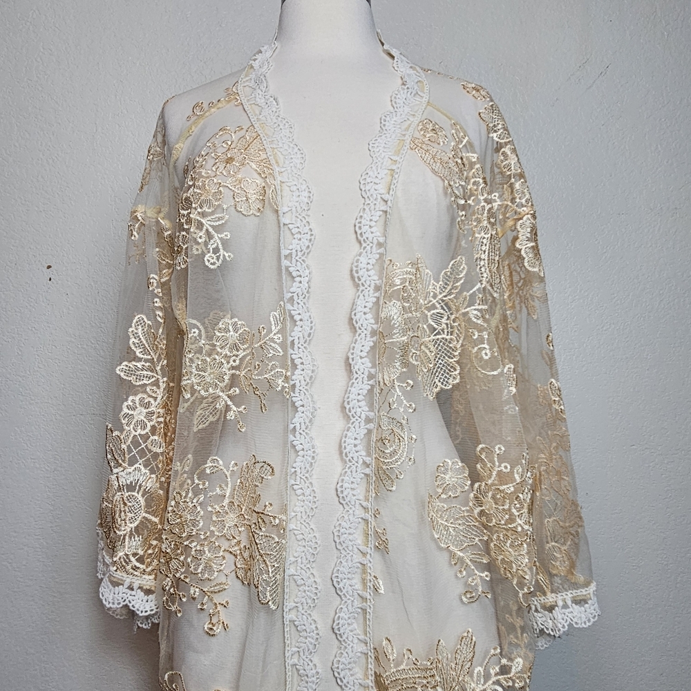 FULL LENGTH BUTTER-CUP SOFT YELLOW LACE SHAWL ROBE WHITE TRIM XL